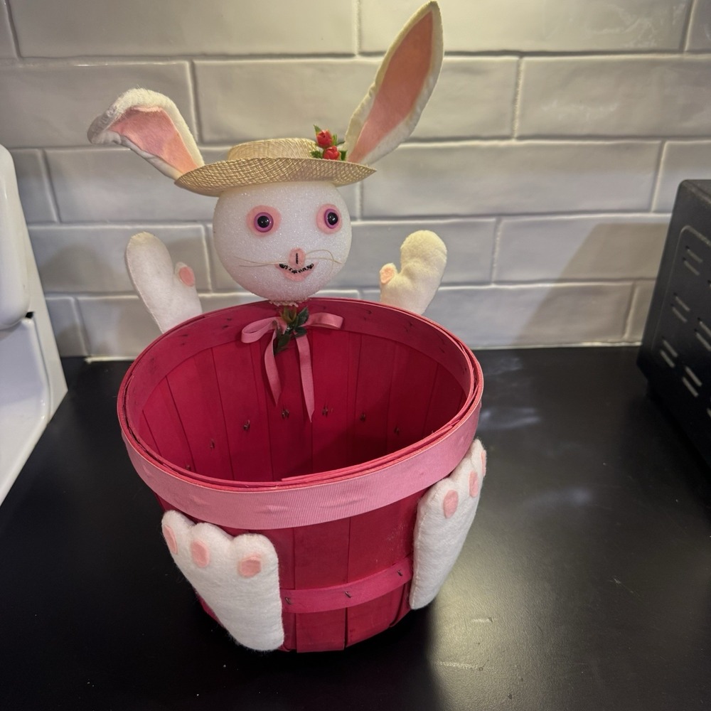 Vintage Easter Bunny Basket Pink 14" Tall Handmade Styrofoam‎ & Wicker Kitschy